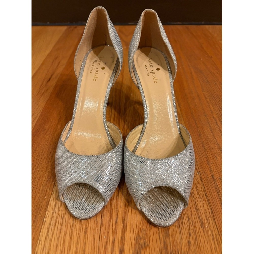 Kate Spade Shimmery Silver Peep Toe Heels Size 8.5 $250